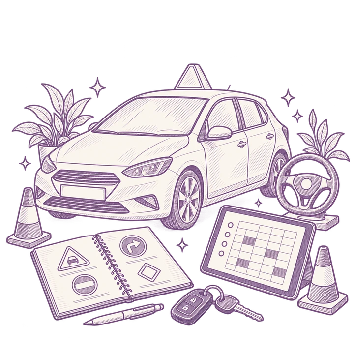 Illustration d’une auto-école Kopilot, de sa voiture et de son planning de leçons