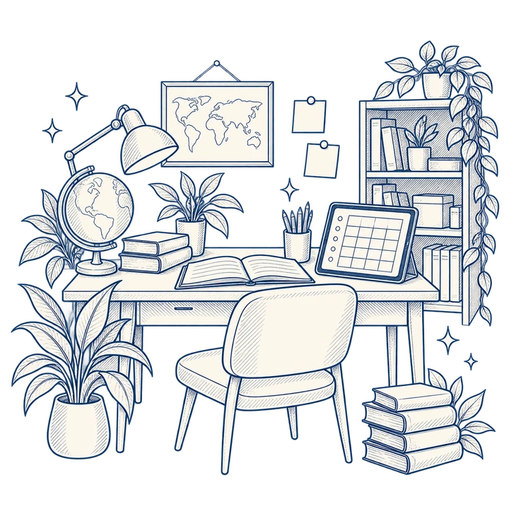 Illustration d’un espace pédagogique Oklass avec livres, bureau et planning des cours